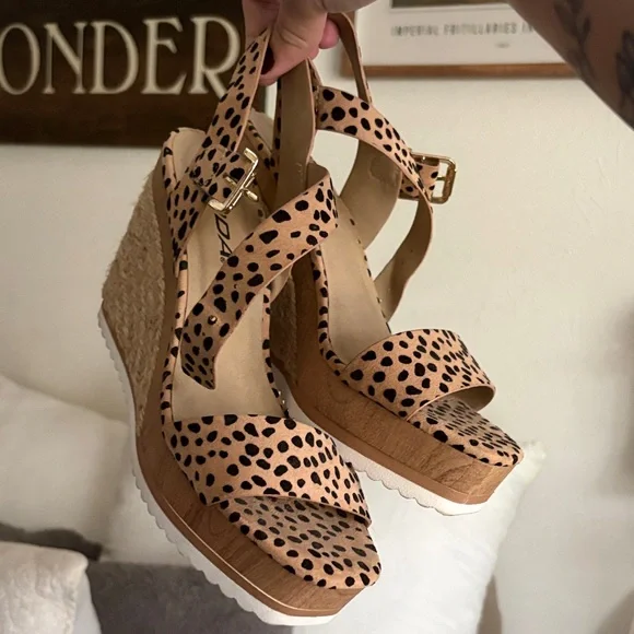 Wedge Sandals - Tan Leopard Print Platform Wedges - Picture 1 of 3